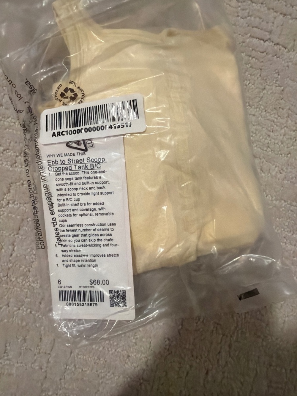 NWT Lululemon Butter Cream Ebb To Street Cropped Scoop Neck Tank, Size 6